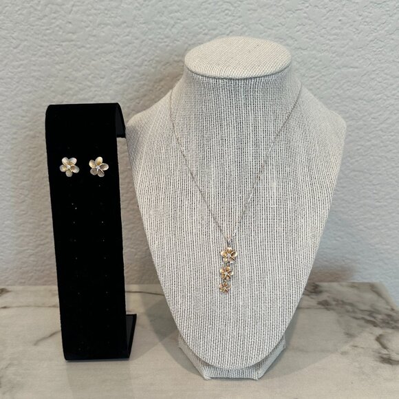 Hawaiian Sterling Silver Flower Earrings and Necklace Set - Picture 1 of 8